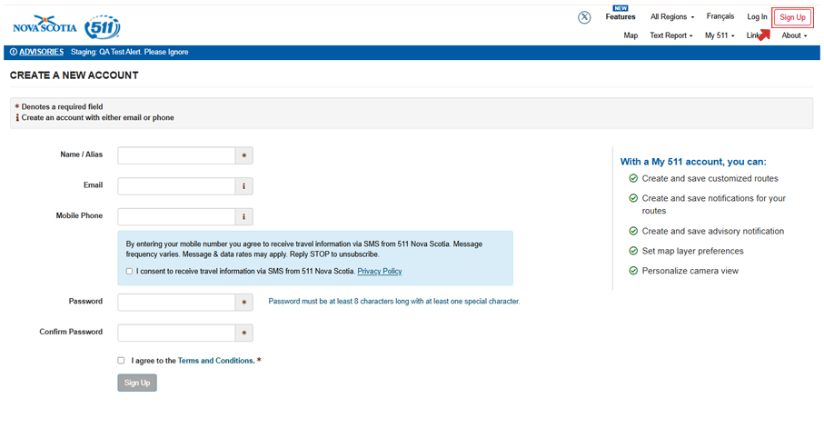 Signing up with 511 Nova Scotia